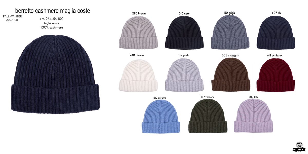 Ribbed knit cashmere hats, Art. 964, shown in the collection colours