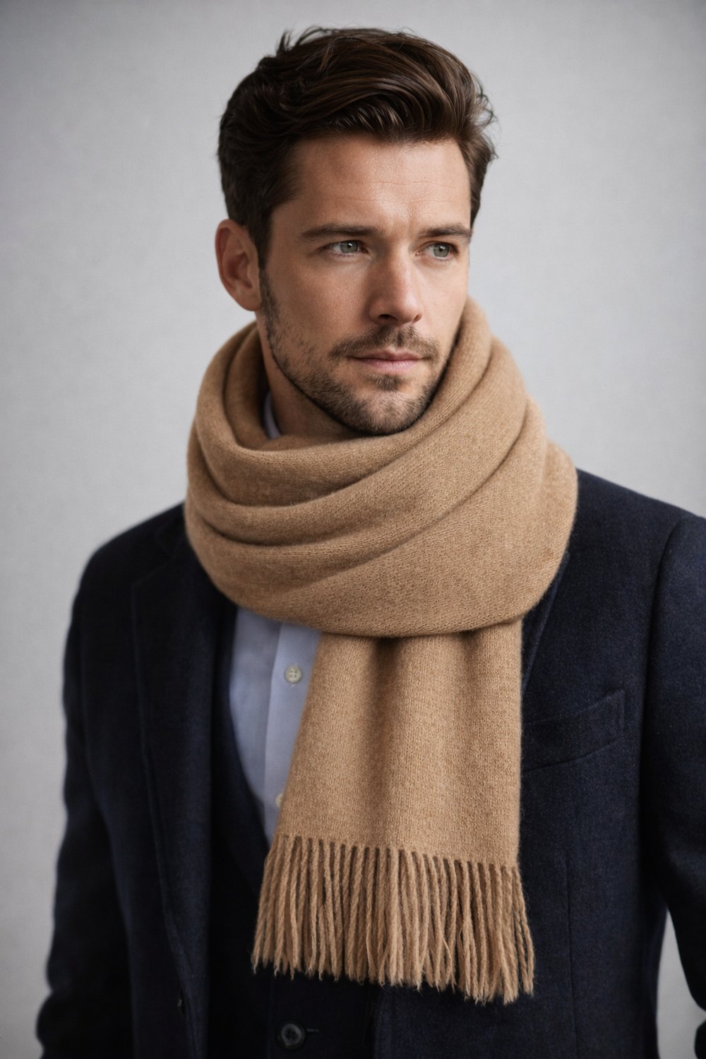 Man wearing a camel wool scarf with a navy overcoat